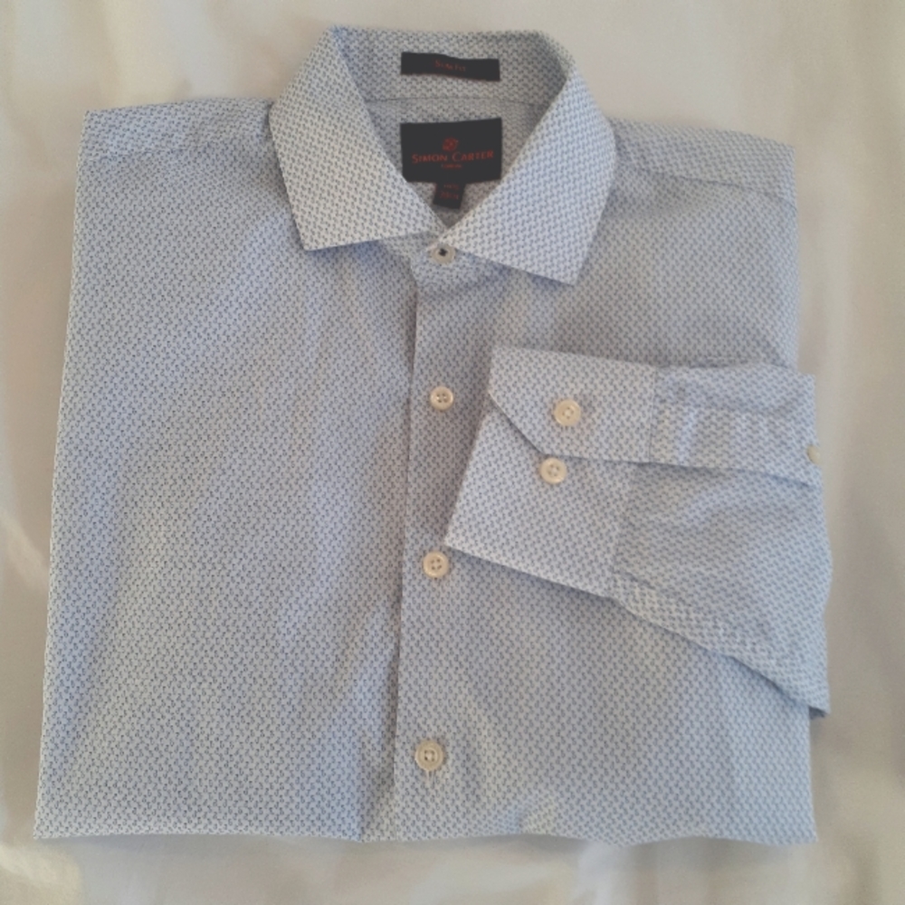 SIMON CARTER Men's Long Sleeve Slim Fit Blue & White Dress Shirt - Size 15 1/2